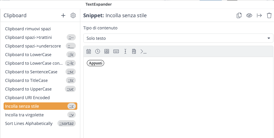 TextExpander copia e incolla senza formattazione