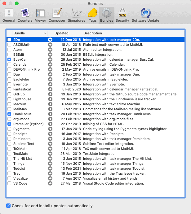 I bundle disponibili con MailMate