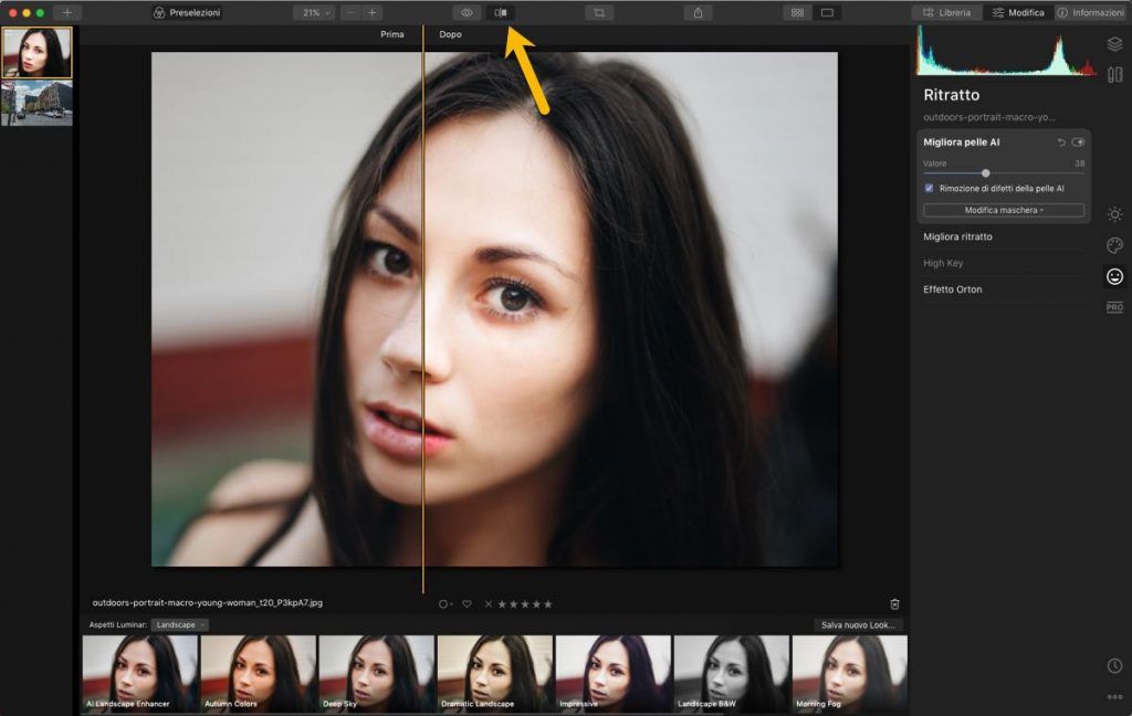 Visualizzare prima e dopo l'intervento di modifica con Luminar 4