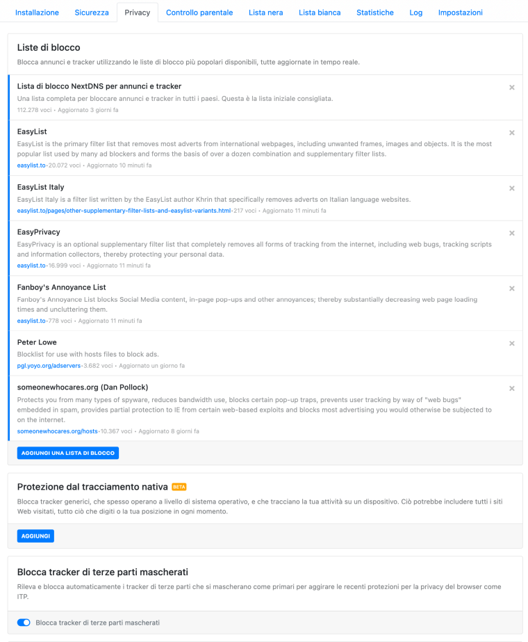 Personalizzazione delle impostazioni privacy di NextDNS
